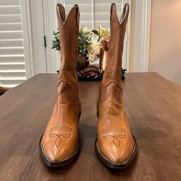 1977 Stewart Hand Made Leather Cowboy Boots Tan USA Men 8.5D Western Pointed Toe - Picture 2 of 11